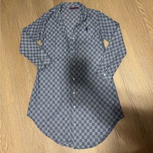 U.S Polo ASSN L grey checkered print polo long button down